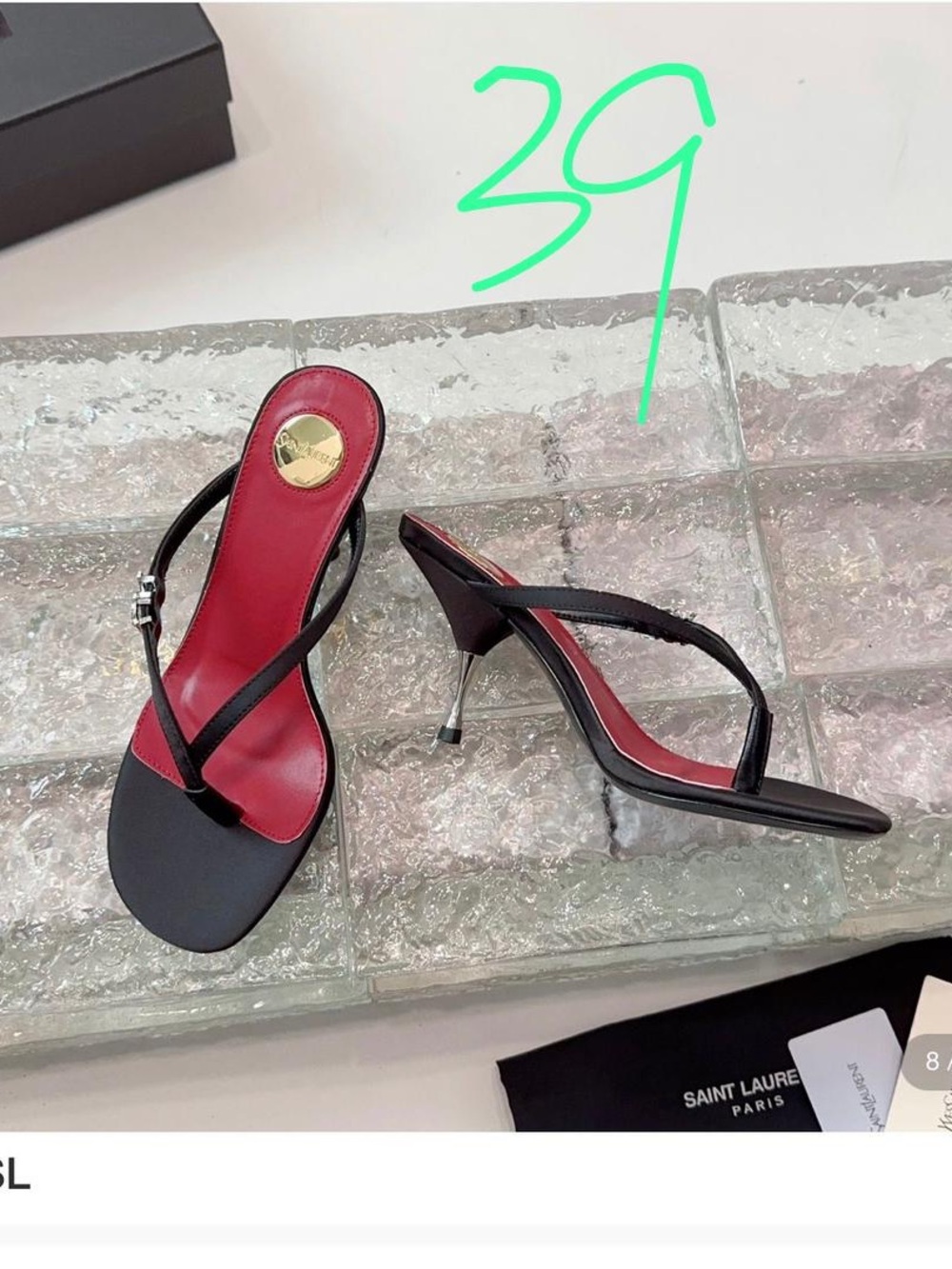 Saint Laurent Black Heeled Slingback Sandals with Red Footbed